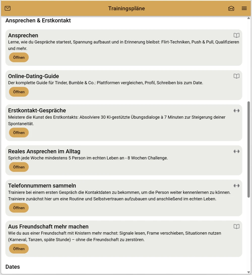 Trainingspläne in der Uplift-App: Ansprechen, Online-Dating-Guide, Erstkontakt-Gespräche und weitere Übungen